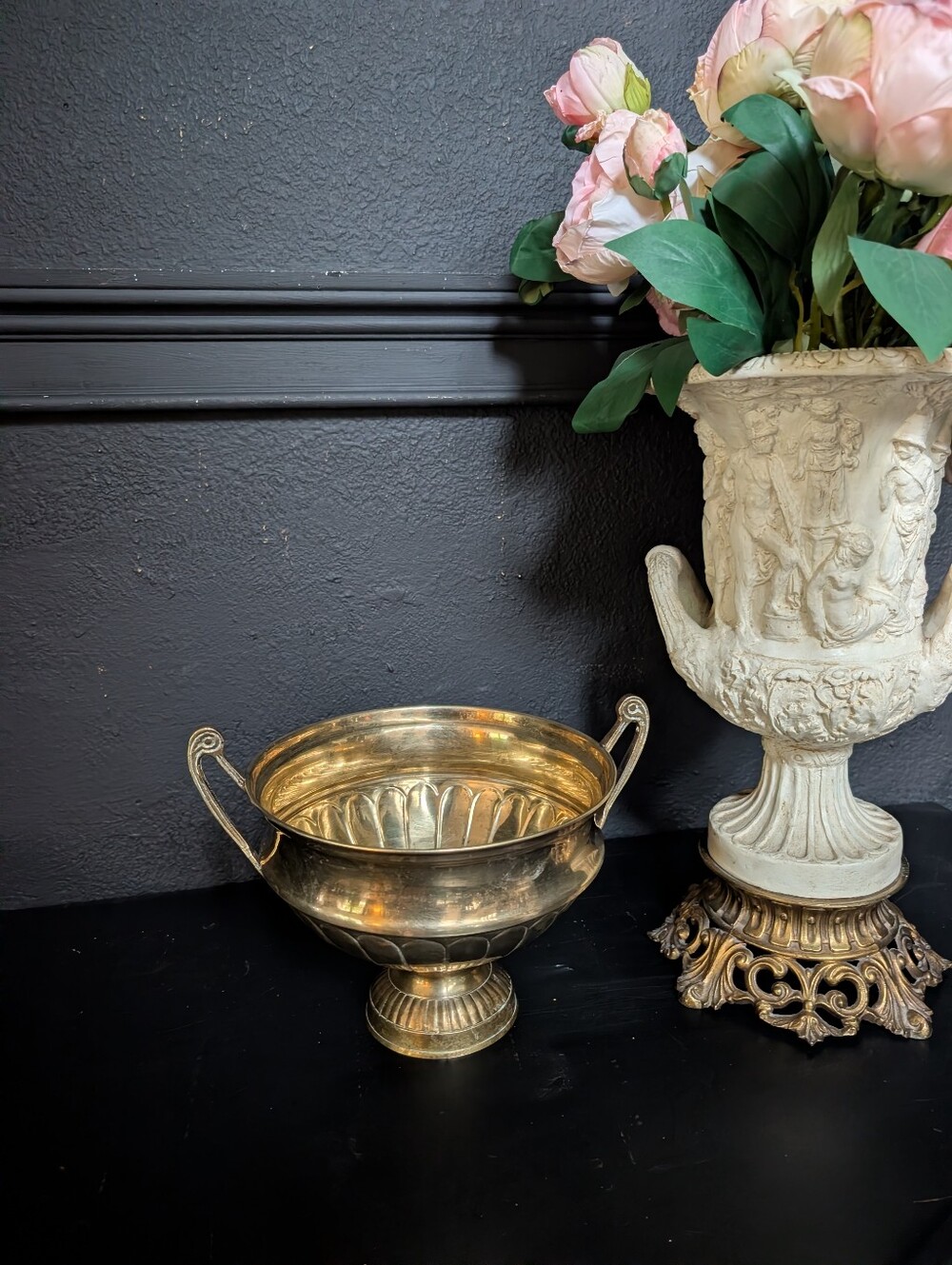 Vintage Brass Hammered Pedestal Bowl / Urn/ Compote, Ornate loop handles, scallo